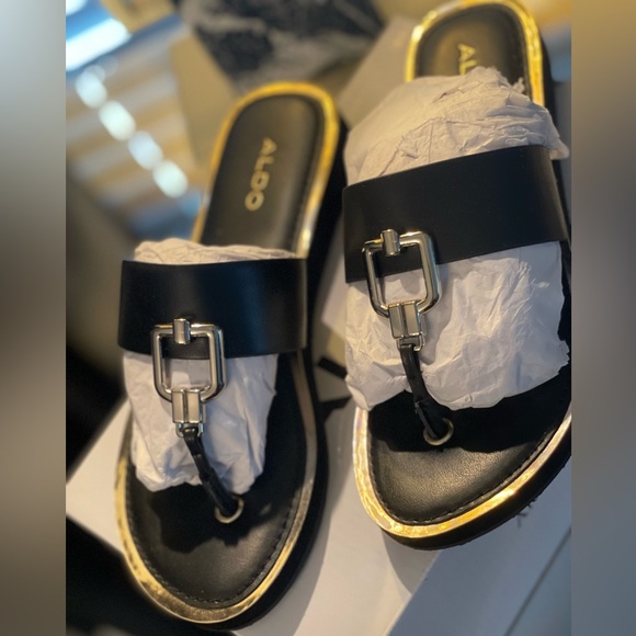 Aldo Tatyx Black with Gold Sandals - Picture 2 of 4